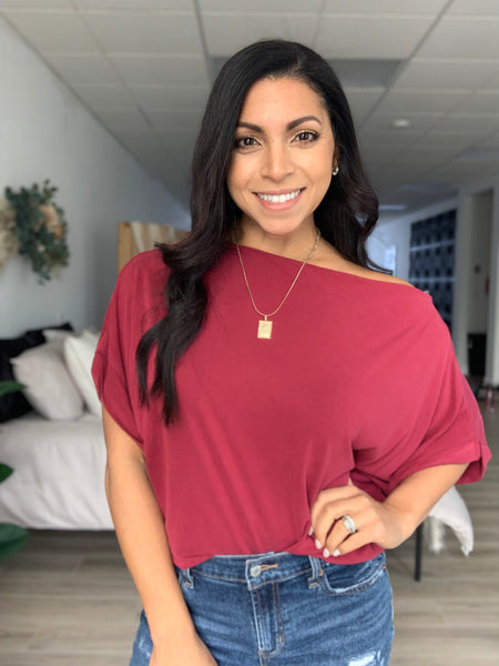 Bold burgandy off the shoulder top