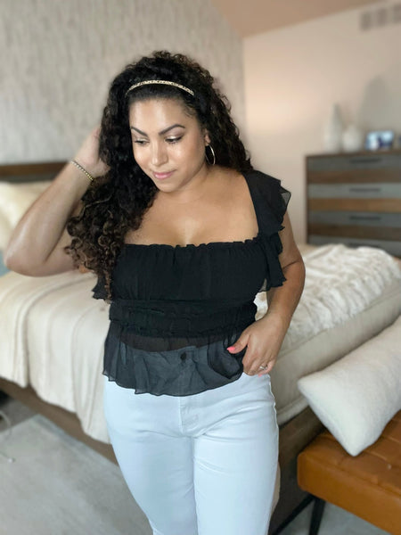 Black ruffle sleeve summer blouse - Ayden Rose