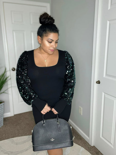 Showstopper black bodycon sequin sleeve dress - Ayden Rose