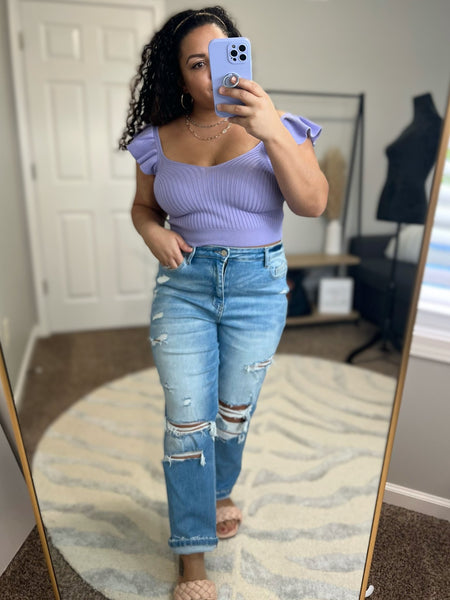 Stretchy knit ruffle sleeve top - Ayden Rose