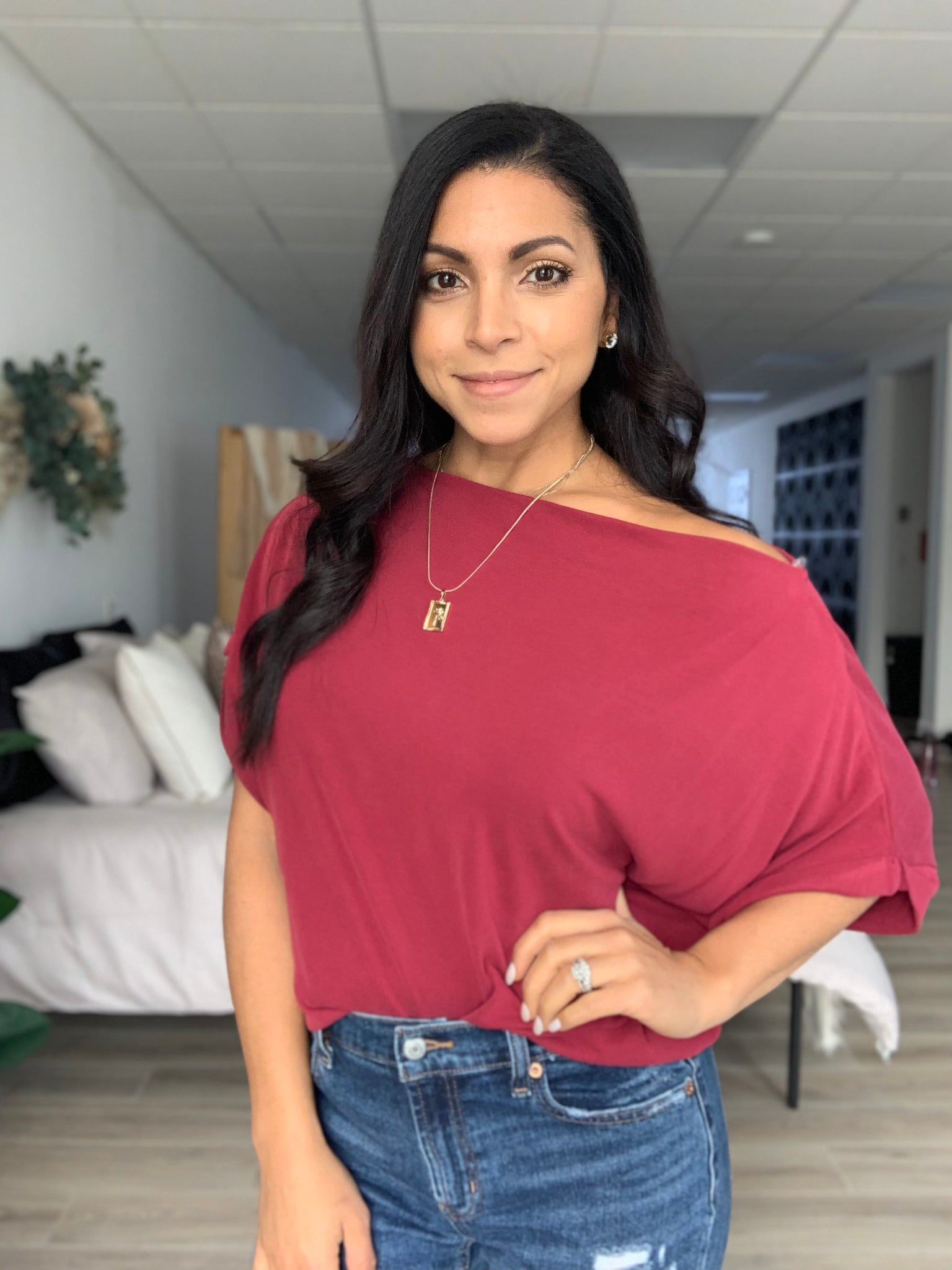 Bold burgandy off the shoulder top