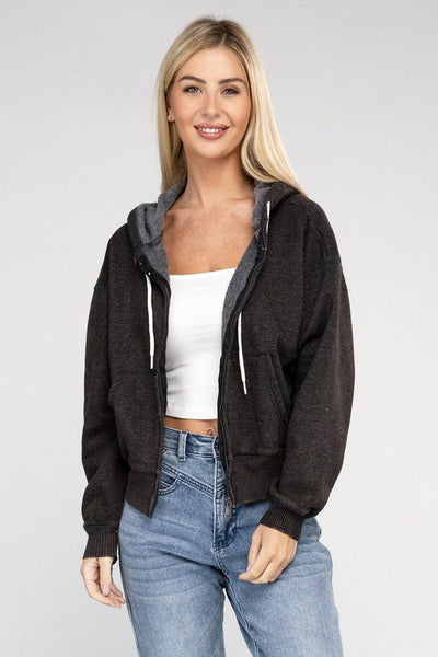 Acid Wash Fleece Cropped Zip-Up Hoodie - Ayden Rose