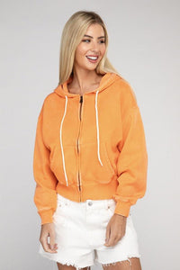 Acid Wash Fleece Cropped Zip-Up Hoodie - Ayden Rose