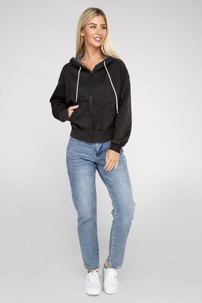 Acid Wash Fleece Cropped Zip-Up Hoodie - Ayden Rose