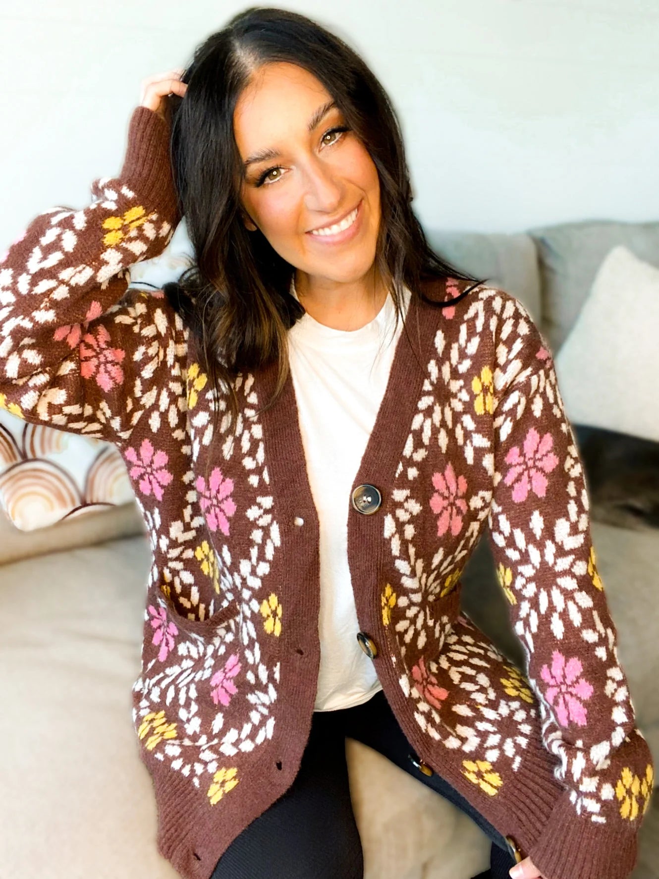 Chunky Fall brown floral cardigan - Ayden Rose