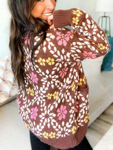 Chunky Fall brown floral cardigan - Ayden Rose