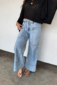 Light wash wide leg tie waist jeans - Ayden Rose