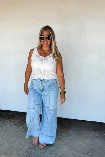Light wash wide leg tie waist jeans - Ayden Rose