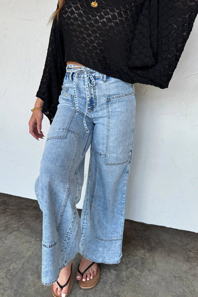 Light wash wide leg tie waist jeans - Ayden Rose
