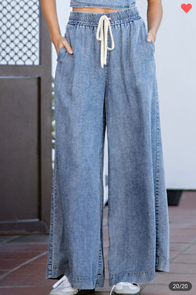 Mineral wash wide leg soft denim bottoms - Ayden Rose