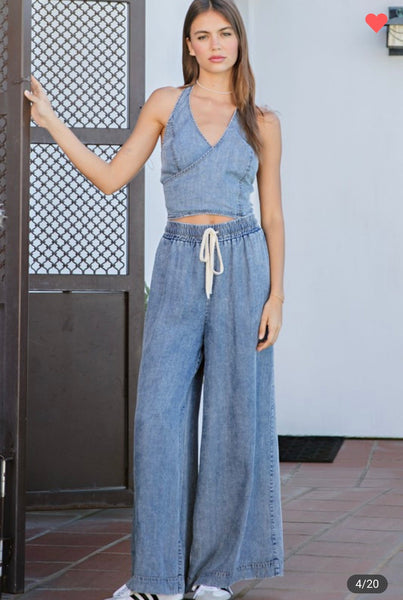 Mineral wash wide leg soft denim bottoms - Ayden Rose