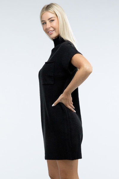 Mock Neck Short Sleeve Sweater Dress with Pocket - Ayden Rose