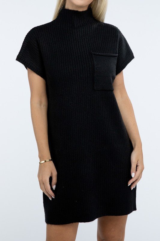 Mock Neck Short Sleeve Sweater Dress with Pocket - Ayden Rose