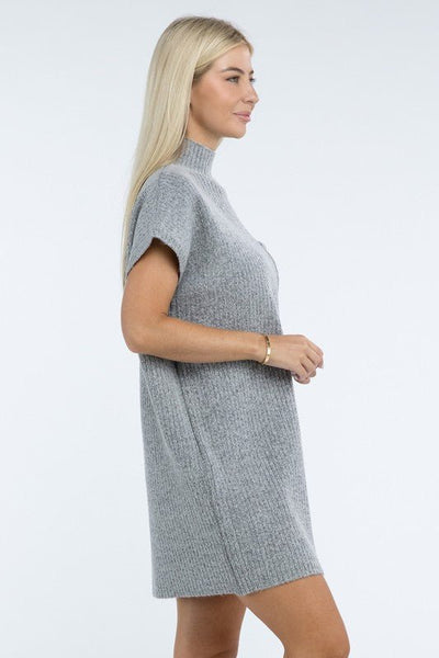 Mock Neck Short Sleeve Sweater Dress with Pocket - Ayden Rose