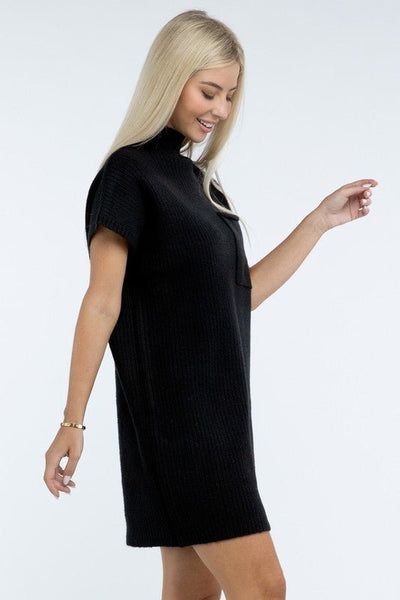 Mock Neck Short Sleeve Sweater Dress with Pocket - Ayden Rose