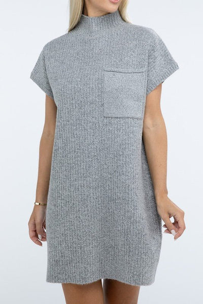 Mock Neck Short Sleeve Sweater Dress with Pocket - Ayden Rose