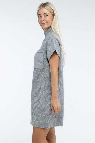 Mock Neck Short Sleeve Sweater Dress with Pocket - Ayden Rose