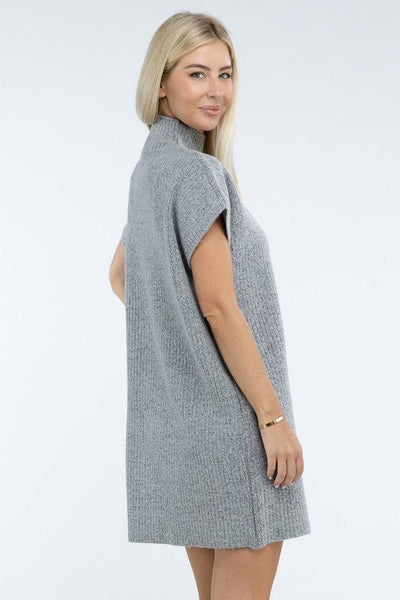 Mock Neck Short Sleeve Sweater Dress with Pocket - Ayden Rose