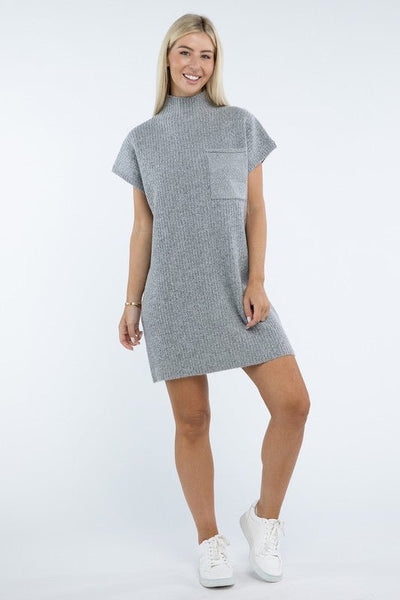 Mock Neck Short Sleeve Sweater Dress with Pocket - Ayden Rose