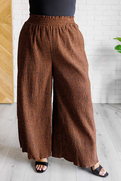 Wide leg crinkle pants in brown animal print - Ayden Rose