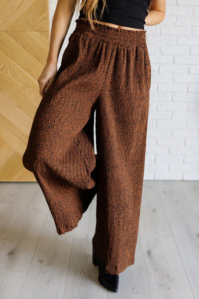 Wide leg crinkle pants in brown animal print - Ayden Rose