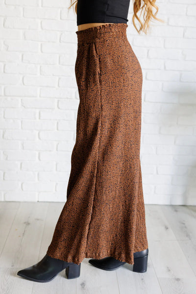 Wide leg crinkle pants in brown animal print - Ayden Rose