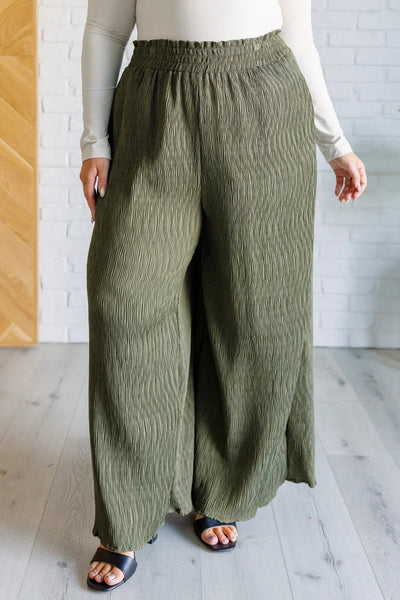 Wide leg crinkle pants in olive - Ayden Rose