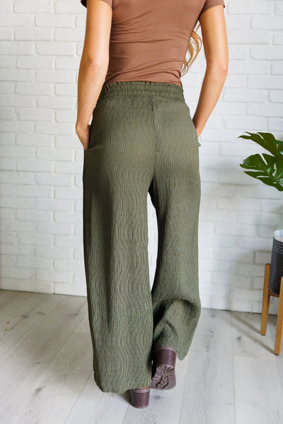 Wide leg crinkle pants in olive - Ayden Rose