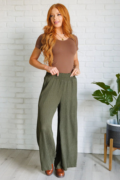 Wide leg crinkle pants in olive - Ayden Rose