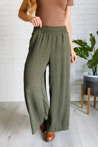 Wide leg crinkle pants in olive - Ayden Rose