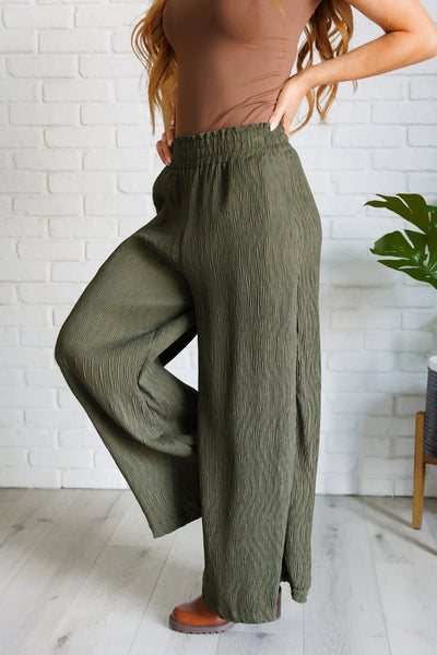 Wide leg crinkle pants in olive - Ayden Rose