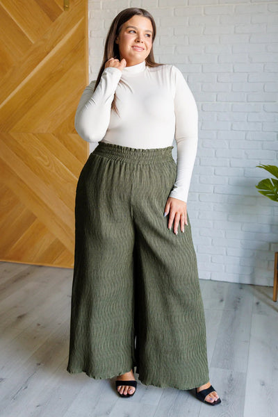 Wide leg crinkle pants in olive - Ayden Rose