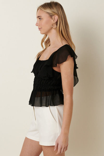 Black ruffle sleeve summer blouse - Ayden Rose