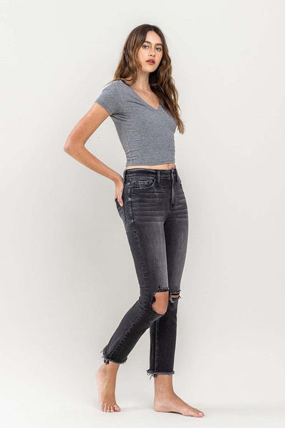 High Rise Stretch Distressed Crop Slim Straight black washed deniim - Ayden Rose