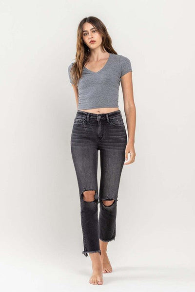 High Rise Stretch Distressed Crop Slim Straight black washed deniim - Ayden Rose