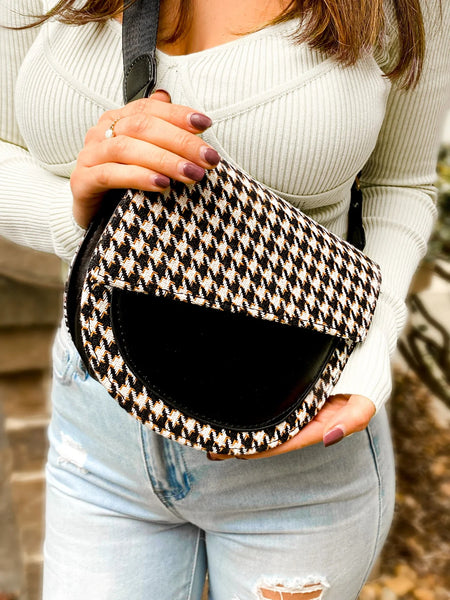 Houndstooth and faux leather crossbody sling bag - Ayden Rose