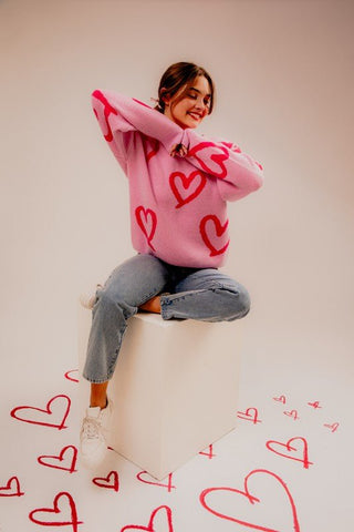 Long Sleeve Round Neck Heart Printed Sweater - Ayden Rose