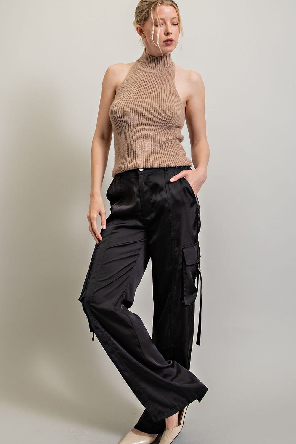 Womens highwaisted black satin cargo pants - Ayden Rose